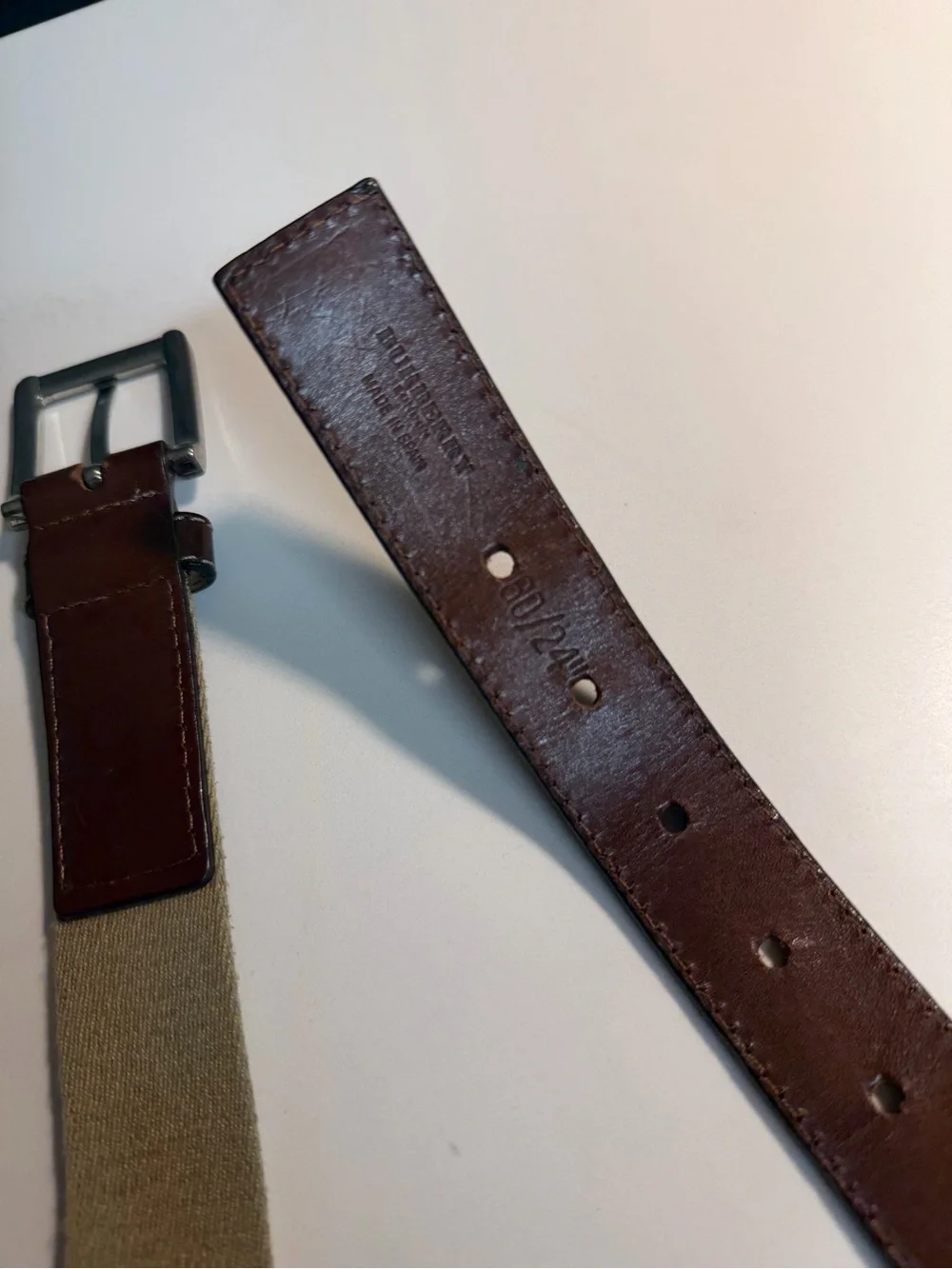 Burberry Brown Leather Belt with Tan Canvas Tip and Silver Buckle